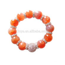 12MM Big Fashion Bling Rhinestone Orange Agate Gem Stone Beaded Bracelet For Party